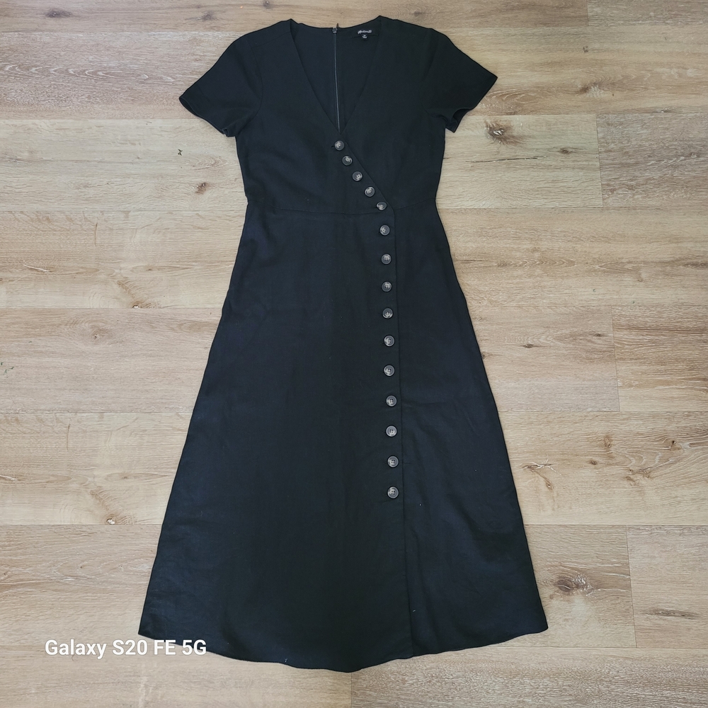 Madewell Black Midi Dress with Diagonal Button Placket